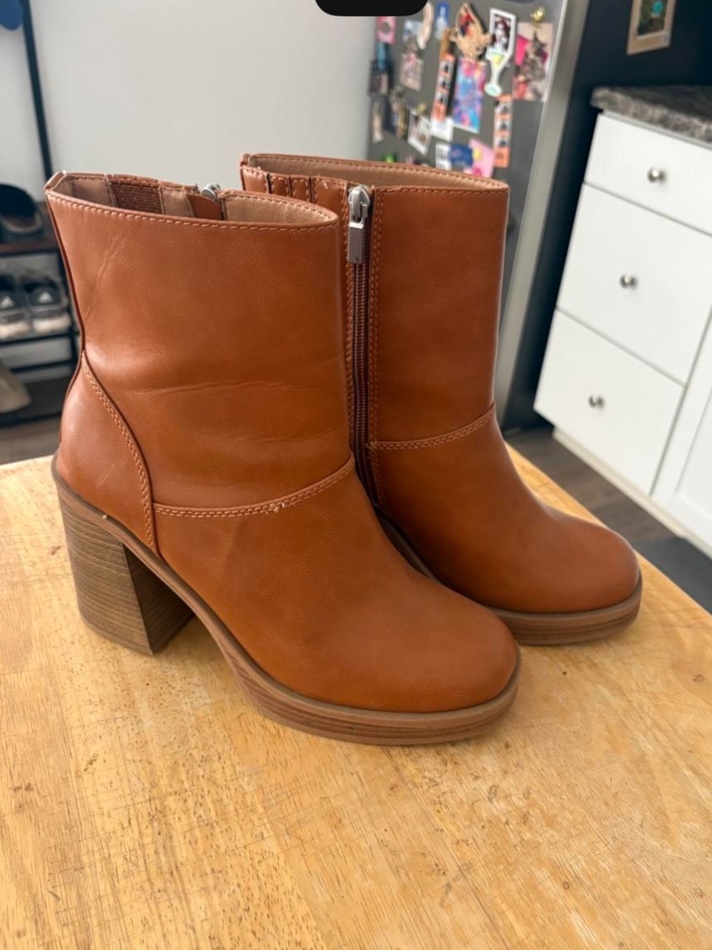 Womens Tan Leather Block Heel Ankle Boots